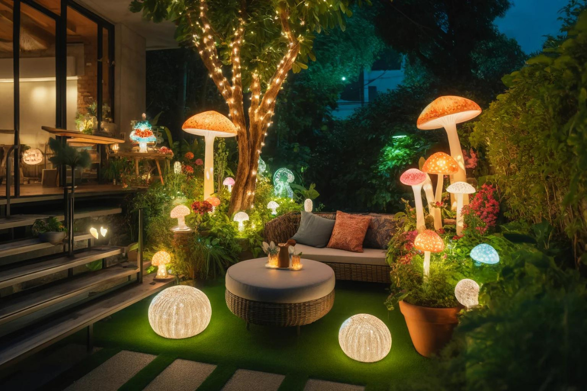 Világító gombadekorációk a kertben