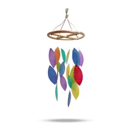 Kerek szélcsengő szivárványlevelekkel és bambusszal – kézműves dekoráció