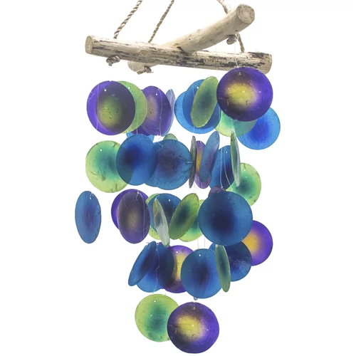 Kereszt alakú uszadékfa szélcsengő zöld és lila üvegekkel