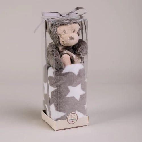 Szürke gyermekpléd plüss majommal díszdobozban